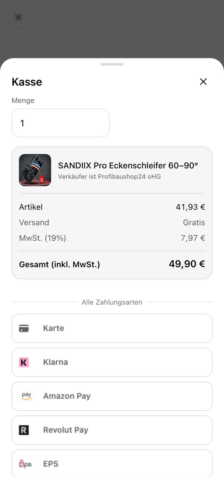 Die Kasse im Buy Now Marketplace mit Artikel, Versand, Mehrwertsteuer und Gesamtpreis